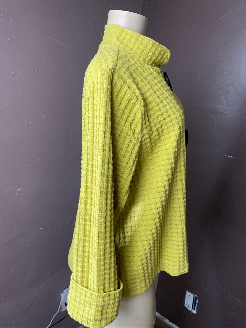 Yellow Textured Stand-Collar Button Jacket - Picture 3 of 6